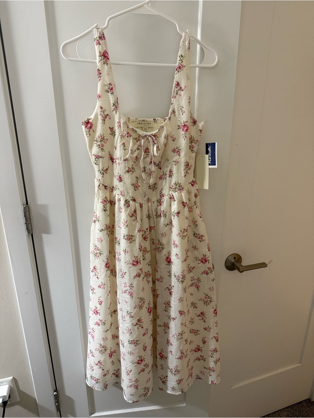 Cream Floral Tie-Front Girls' Sundress with Pink Blossoms